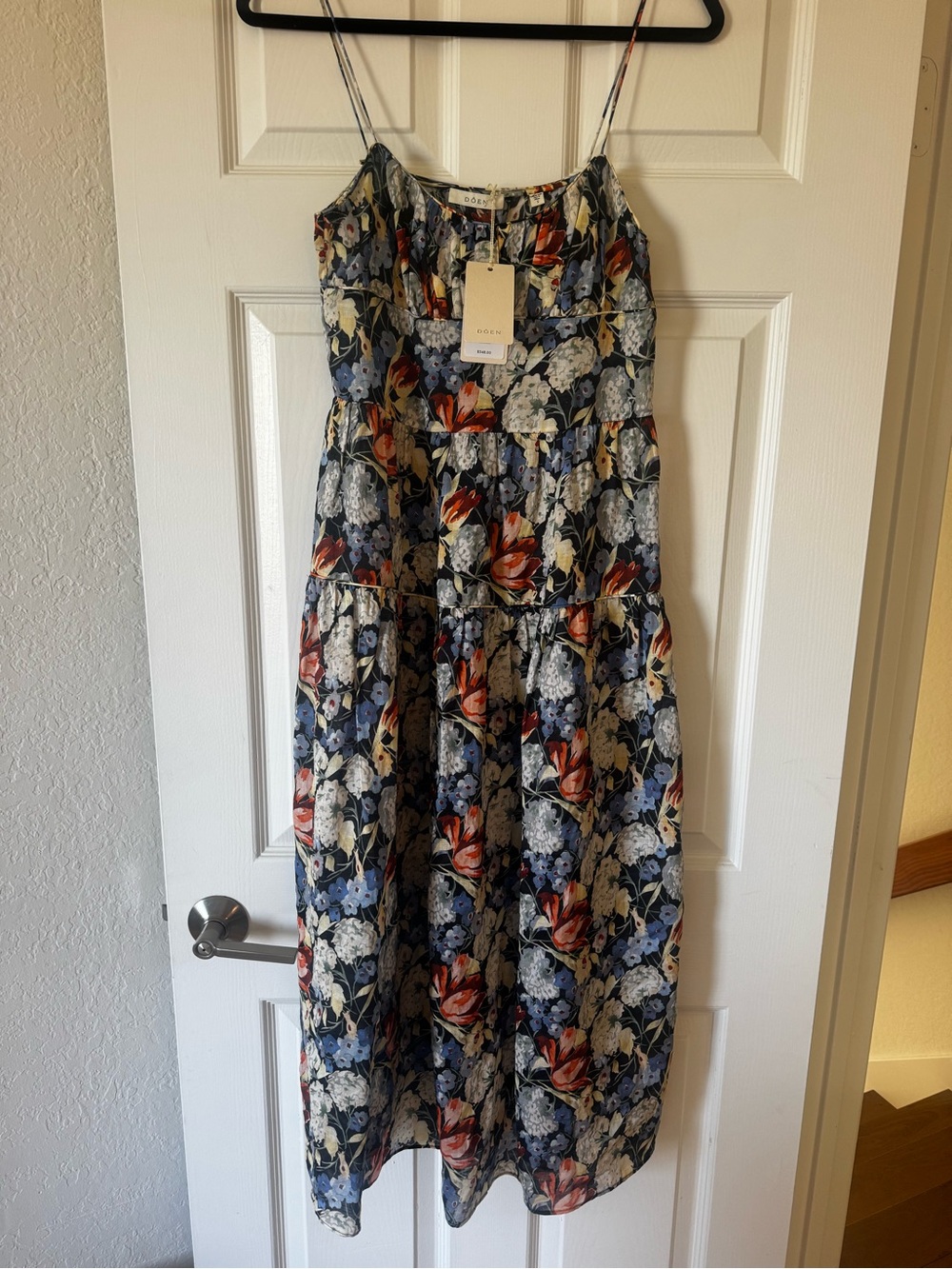 Doen Floral Tiered Midi Dress in Navy, Red, Cream